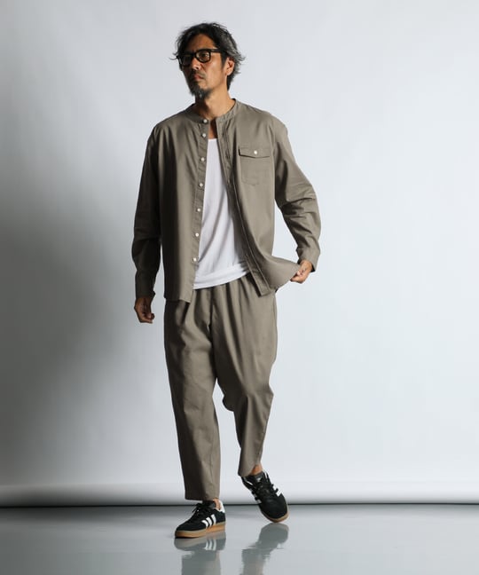 セットアップ 麻混COOLMAXノーカラーシャツ