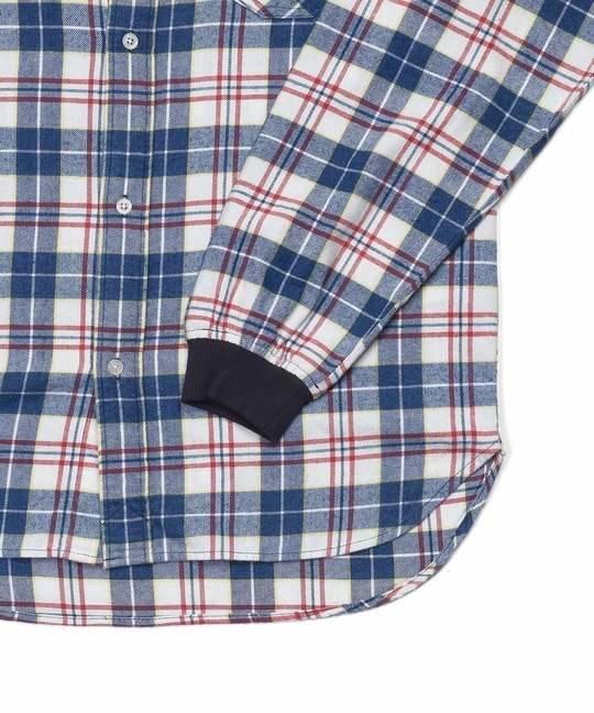 インディゴチェック リブ袖シャツ