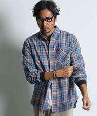 インディゴチェック リブ袖シャツ