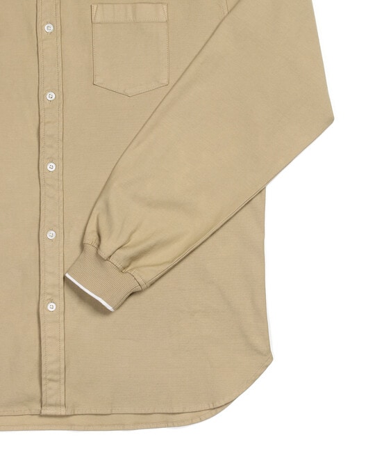 製品染め バックサテン ノーカラー リブ袖シャツ