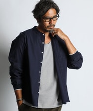 製品染め バックサテン ノーカラー リブ袖シャツ