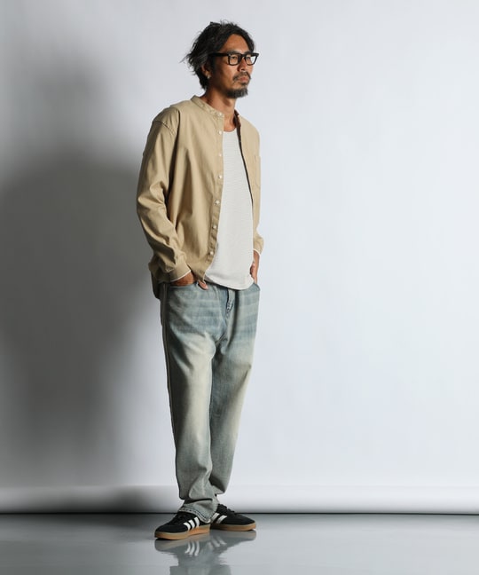 製品染め バックサテン ノーカラー リブ袖シャツ