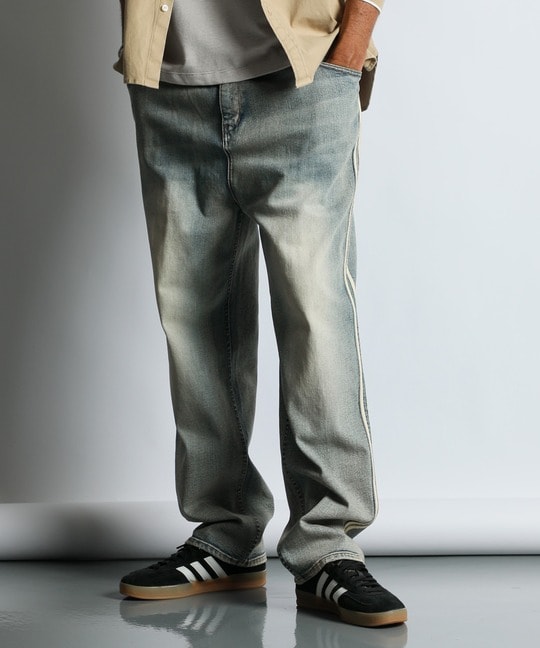 「ガムストレッチ デニム」サイドライン ワイドジーンズ