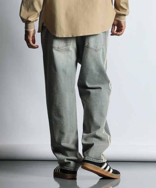 「ガムストレッチ デニム」サイドライン ワイドジーンズ