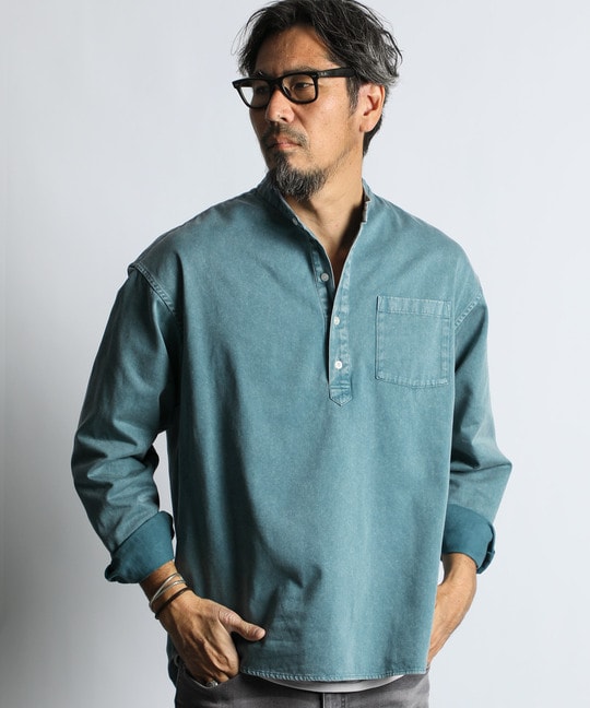 ピグメント加工 バンドカラー プルオーバーシャツ【WEB限定アイテム】