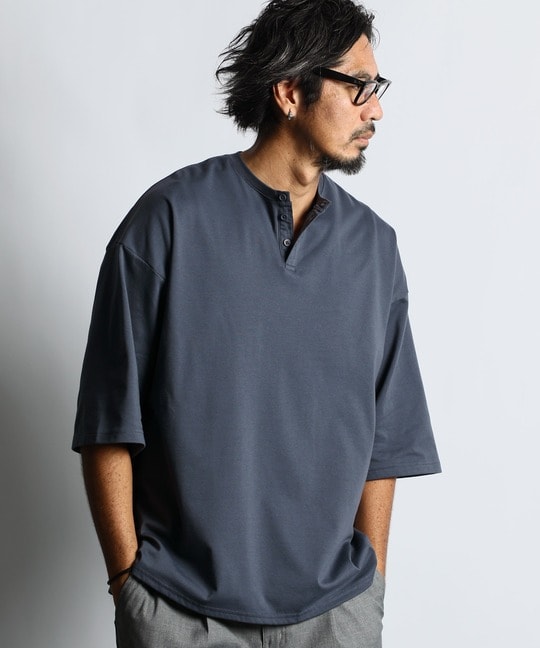 2層構造 吸水速乾クールマックス オーバーサイズ リラックス ヘンリーTシャツ