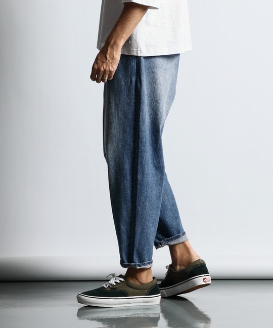 麻混ストレッチ 2タック イージー ワイドテーパードデニム