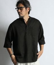 綿麻素材 セットアップ 7分袖 バンドカラーシャツ