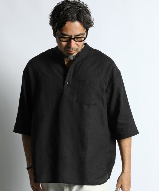 綿麻素材 セットアップ 7分袖 バンドカラーシャツ