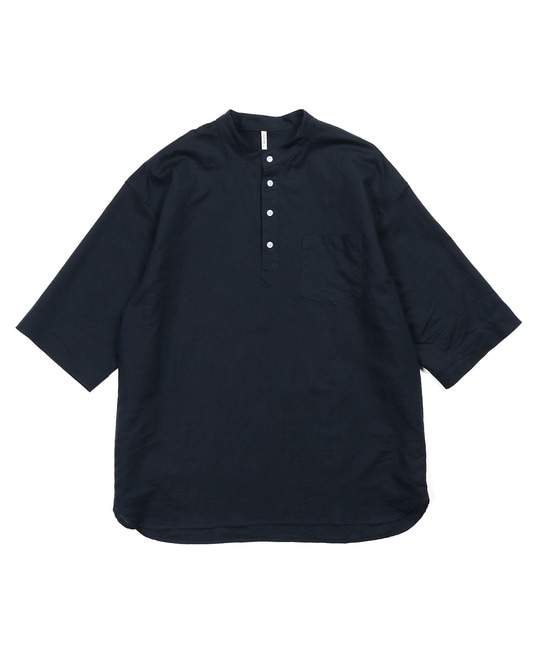 綿麻素材 セットアップ 7分袖 バンドカラーシャツ