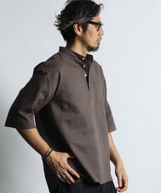 綿麻素材 セットアップ 7分袖 バンドカラーシャツ