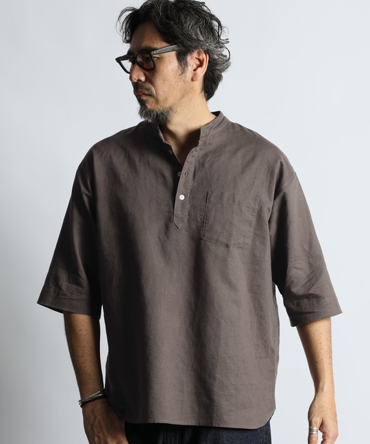 綿麻素材 セットアップ 7分袖 バンドカラーシャツ