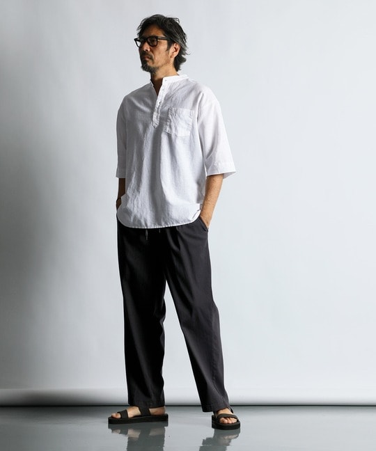 綿麻素材 セットアップ 7分袖 バンドカラーシャツ