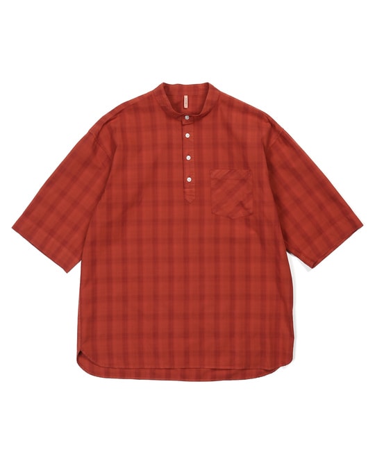 ガーメントダイ スタンドカラー 7分袖チェックシャツ