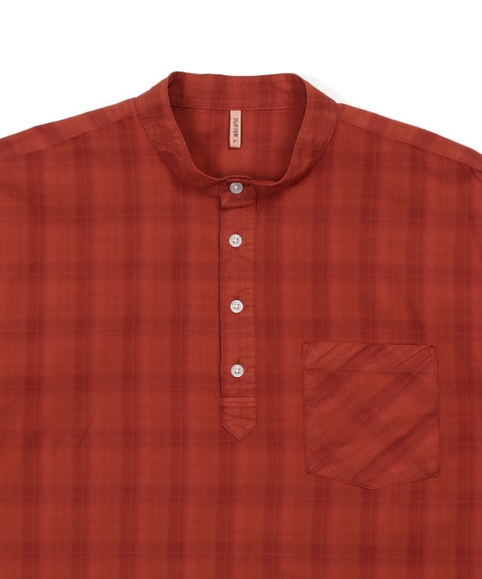 ガーメントダイ スタンドカラー 7分袖チェックシャツ