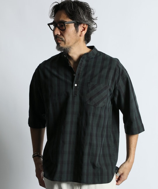 ガーメントダイ スタンドカラー 7分袖チェックシャツ