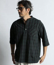 ガーメントダイ スタンドカラー 7分袖チェックシャツ