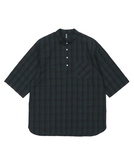 ガーメントダイ スタンドカラー 7分袖チェックシャツ