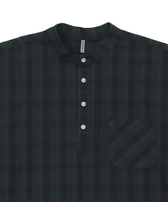 ガーメントダイ スタンドカラー 7分袖チェックシャツ