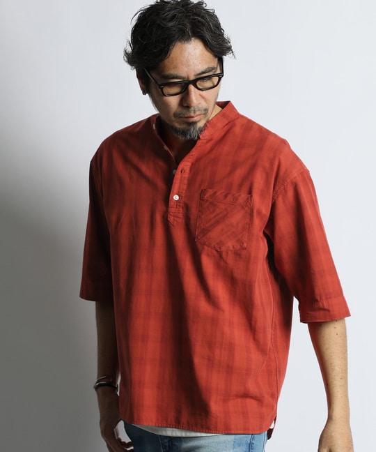 ガーメントダイ スタンドカラー 7分袖チェックシャツ