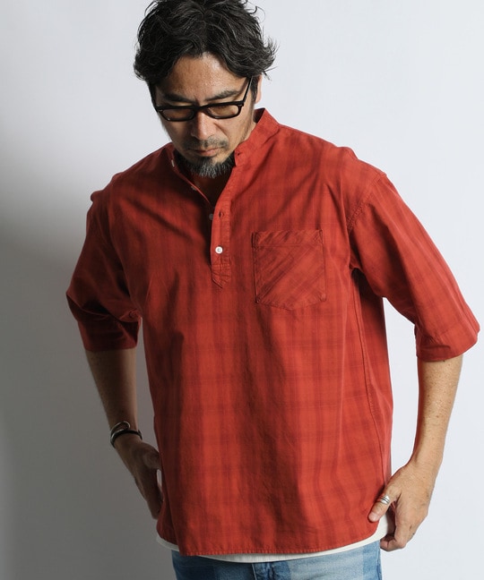 ガーメントダイ スタンドカラー 7分袖チェックシャツ