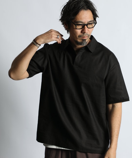 綿麻ストレッチ 涼感スキッパーシャツ