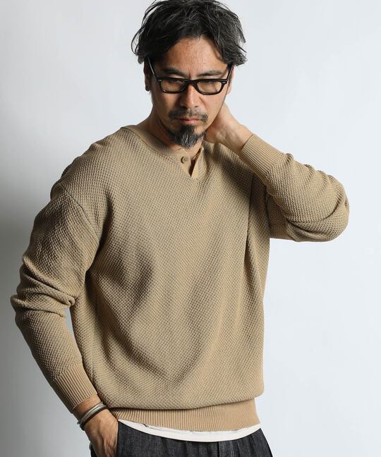 BCIコットン ヘンリーネック メッシュニット