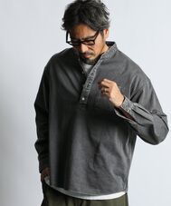 ピグメント加工 バンドカラー プルオーバーシャツ
