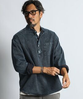 ピグメント加工 バンドカラー プルオーバーシャツ