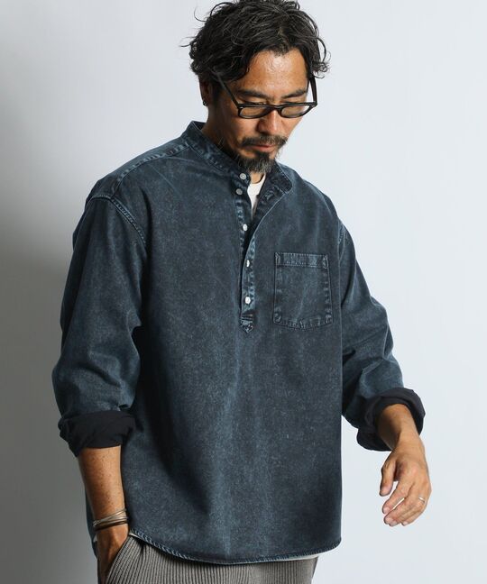 ピグメント加工 バンドカラー プルオーバーシャツ